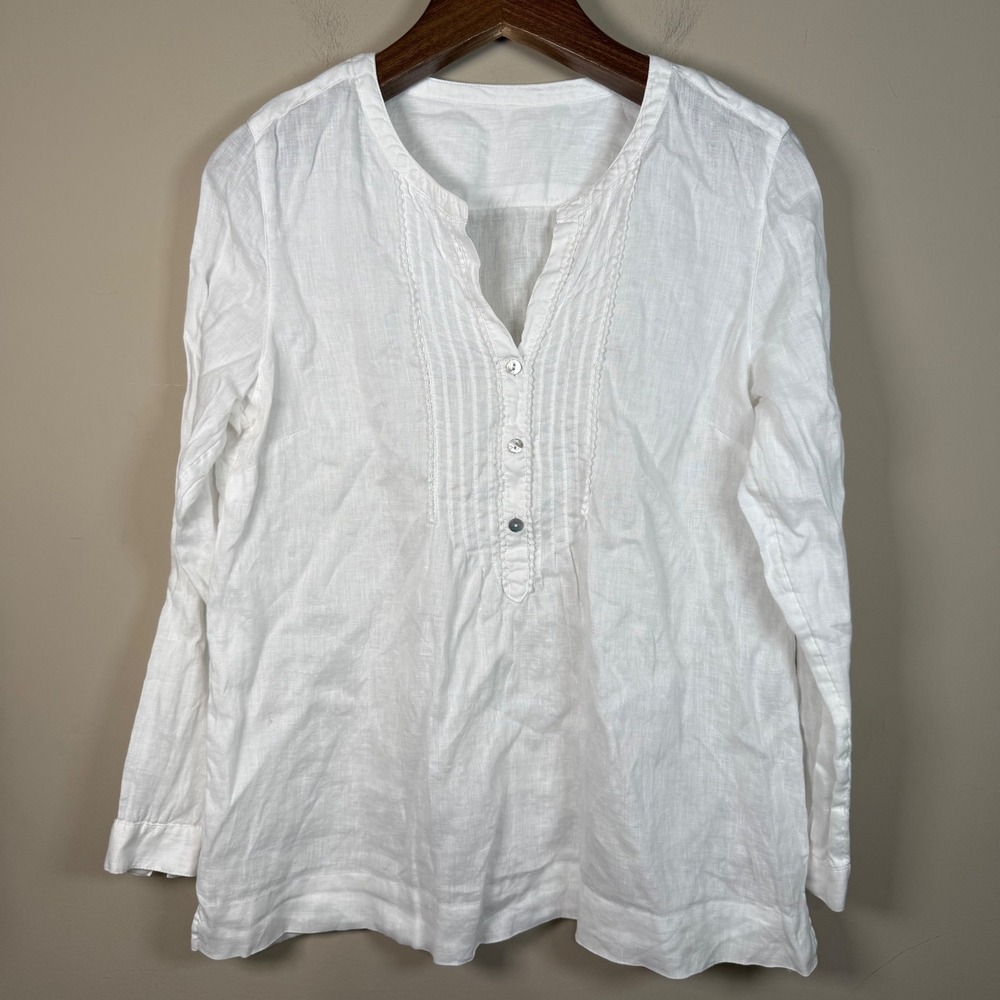 White Linen Mother of Pearl Butttons Long Sleeve Pintuck Tunic NO SIZE